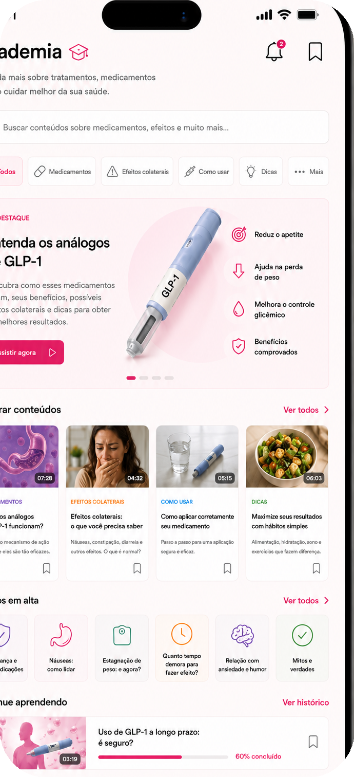 Tela Academia do app — 57 aulas em vídeo distribuídas em 8 módulos