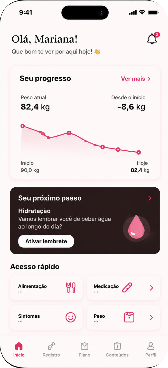 Dashboard do app com progresso, risco muscular e plano nutricional